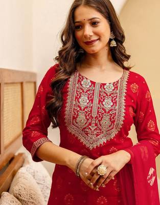 Women Ethnic Motifs Printed Regular Thread Work Kurta with Trousers & With Dupatta 6