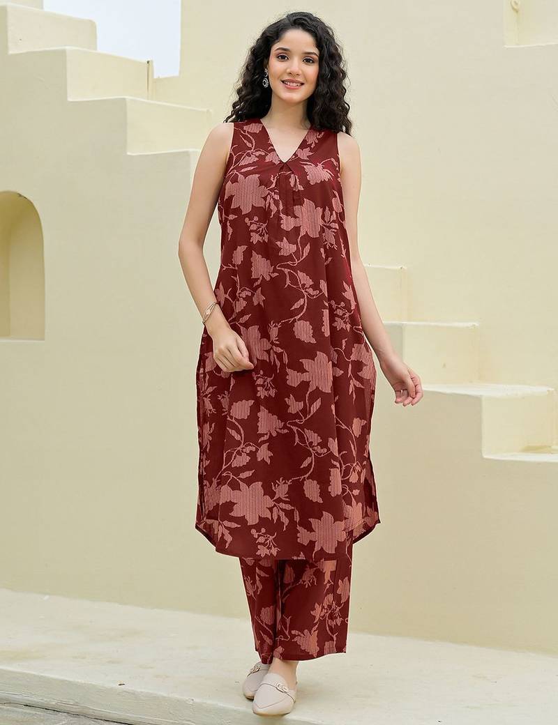Printed Brown Cotton Co Ords for Women