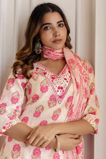 women floral printed v-neck kurta with trousers & dupatta