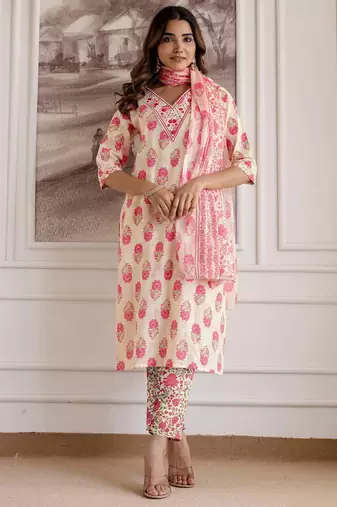 women floral printed v-neck kurta with trousers & dupatta