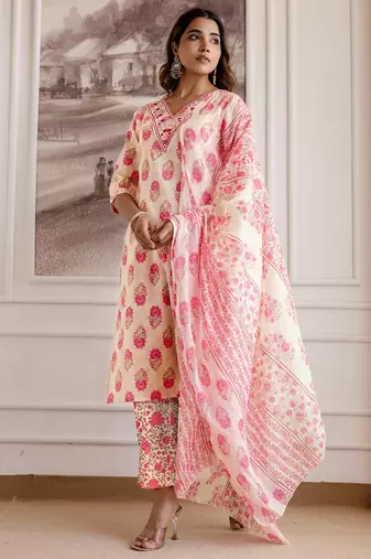 women floral printed v-neck kurta with trousers & dupatta