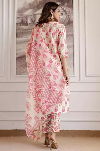 women floral printed v-neck kurta with trousers & dupatta