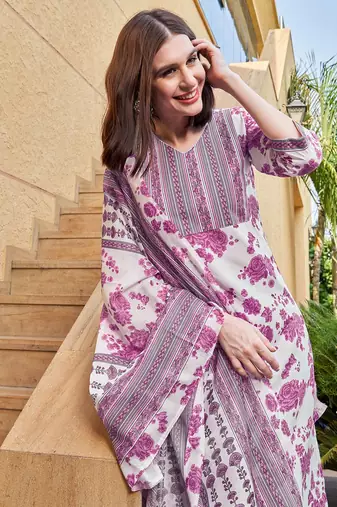 women floral printed regular kurta with trousers & dupatta