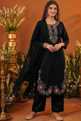 Women Floral Embroidered Regular Thread Work Kurta with Palazzos & With Dupatta