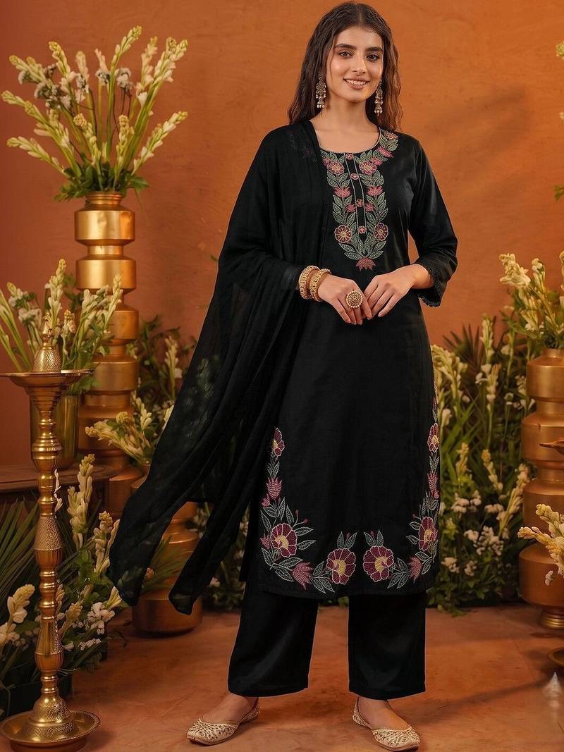 Women Floral Embroidered Regular Thread Work Kurta with Palazzos & With Dupatta