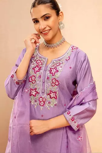 Women Ethnic Motifs Embroidered Regular Thread Work Kurta with Trousers & With Dupatta