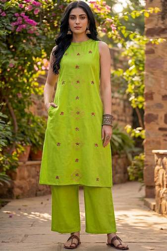 Embroidered Light Lime Green Viscose Rayon Co Ords for Women