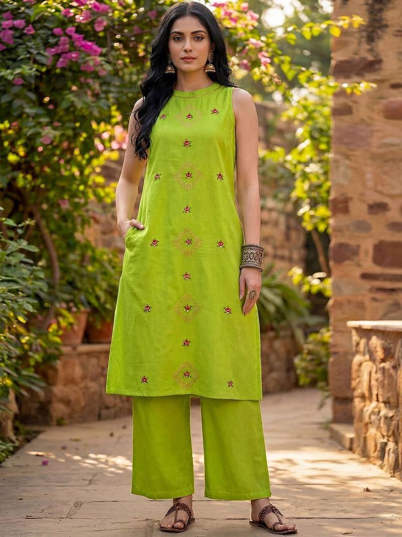 Embroidered Light Lime Green Viscose Rayon Co Ords for Women
