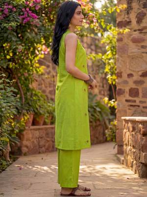Embroidered Light Lime Green Viscose Rayon Co Ords for Women 4