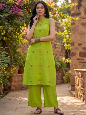 Embroidered Light Lime Green Viscose Rayon Co Ords for Women 5
