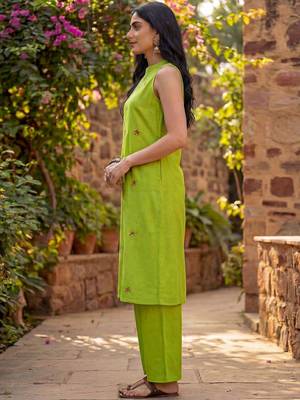 Embroidered Light Lime Green Viscose Rayon Co Ords for Women 6