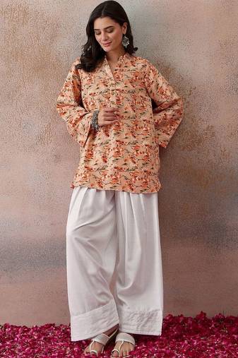 Printed Peach Viscose Rayon Farsi Salwar Co Ords for Women