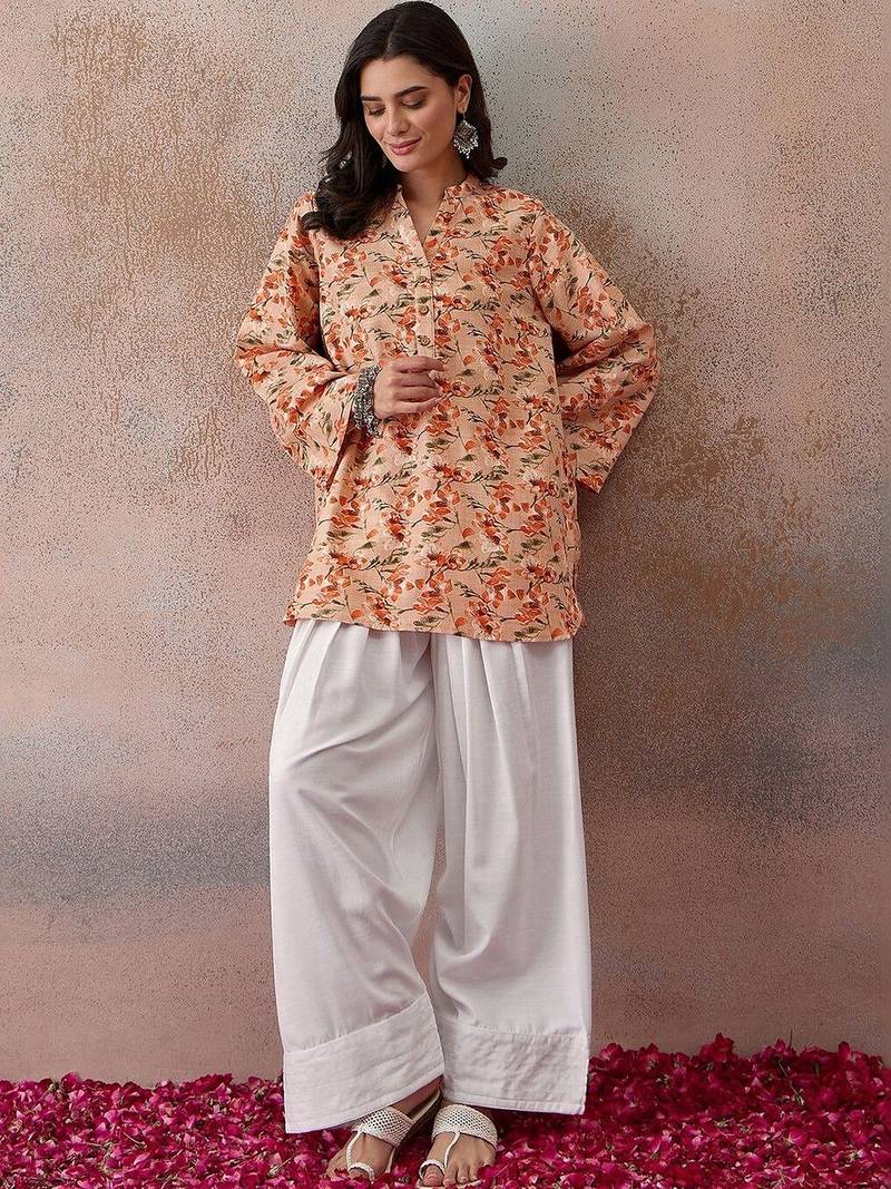 Printed Peach Viscose Rayon Farsi Salwar Co Ords for Women