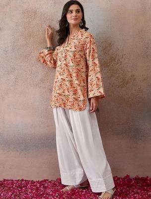 Printed Peach Viscose Rayon Farsi Salwar Co Ords for Women 6