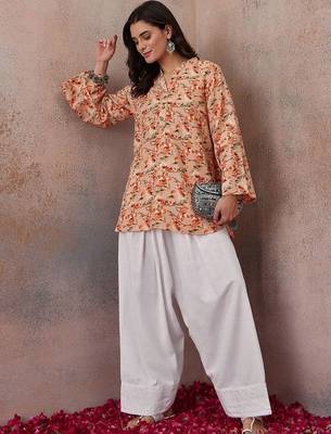 Printed Peach Viscose Rayon Farsi Salwar Co Ords for Women 7