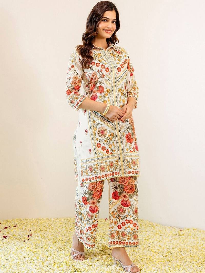 Floral Printed Off White Viscose Rayon Co Ords for Women