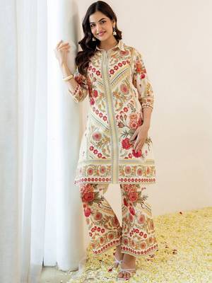Floral Printed Off White Viscose Rayon Co Ords for Women 4
