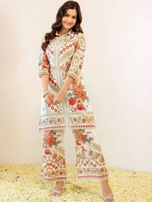 Floral Printed Off White Viscose Rayon Co Ords for Women 6