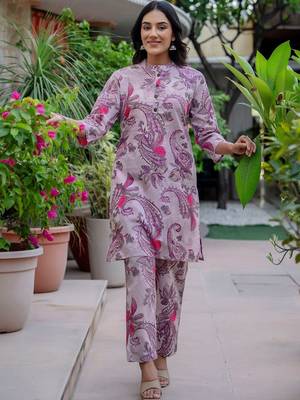Printed Dusty Mauve Viscose Rayon Co Ords for Women 5