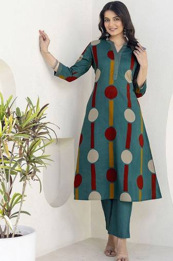 Printed Dusty Teal Blue Viscose Rayon Co Ords for Women