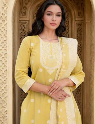 Floral Woven Design Straight Kurta With Trousers & Dupatta 2