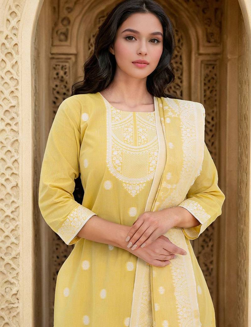 Floral Woven Design Straight Kurta With Trousers & Dupatta