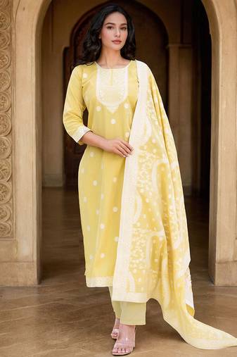 Floral Woven Design Straight Kurta With Trousers & Dupatta