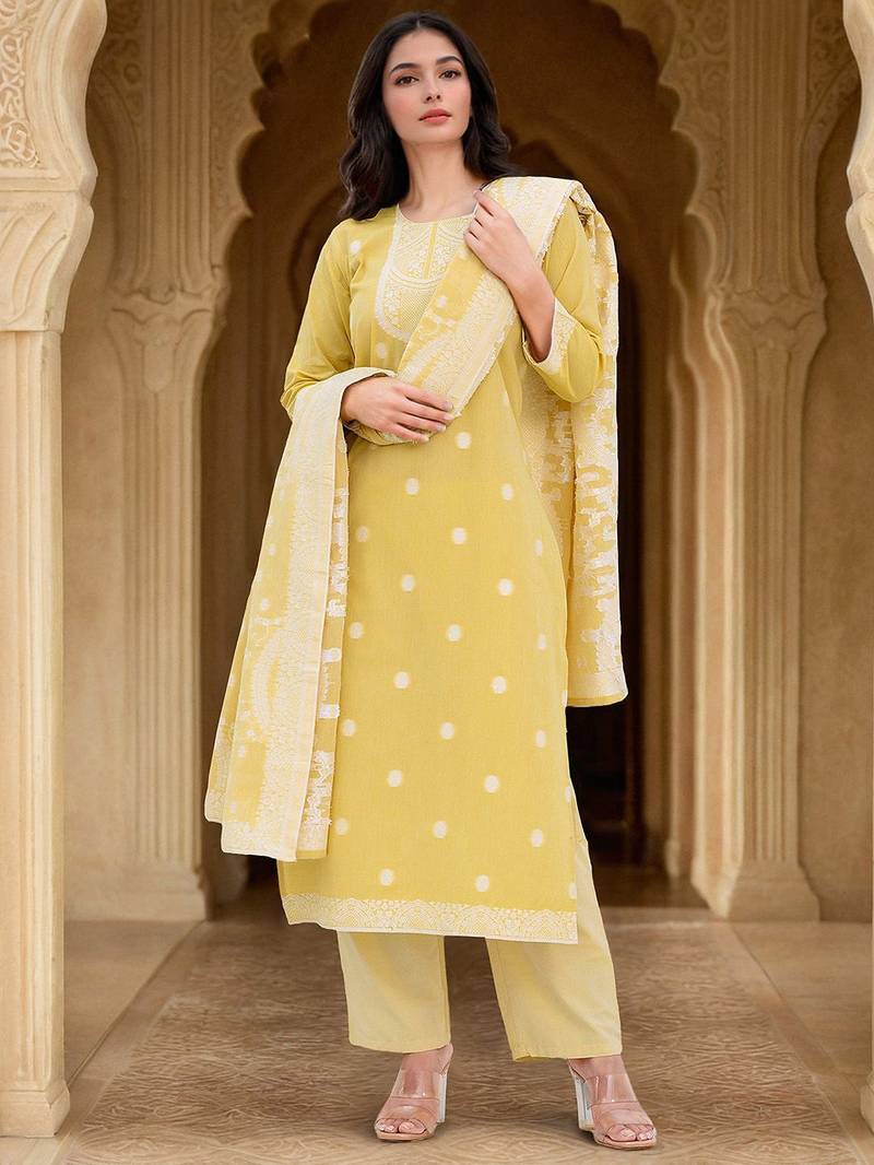Floral Woven Design Straight Kurta With Trousers & Dupatta
