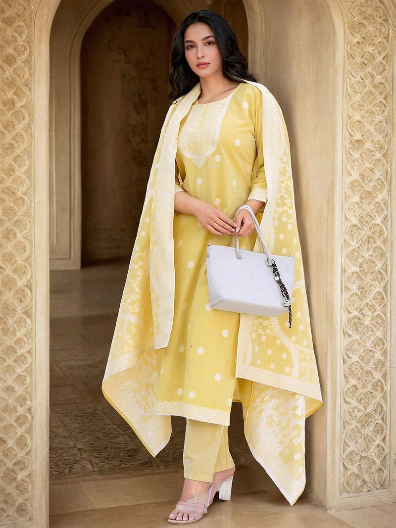 Floral Woven Design Straight Kurta With Trousers & Dupatta