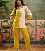 Embroidered Mustard Cotton Blend Co Ords for Women