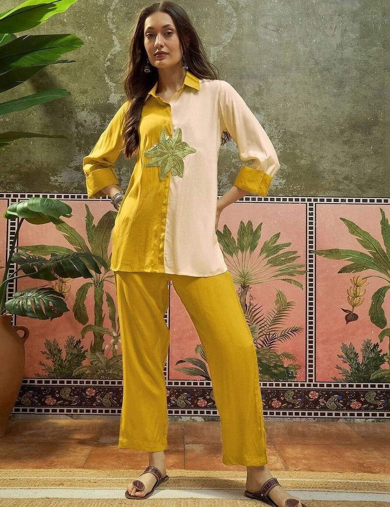 Embroidered Mustard Cotton Blend Co Ords for Women
