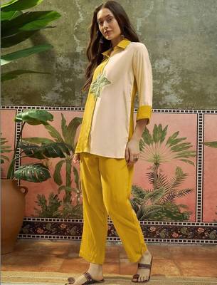 Embroidered Mustard Cotton Blend Co Ords for Women 6