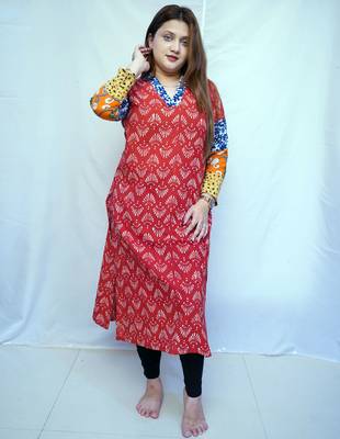 Cotton Red Dabu Handblock Printed Long Kurti for Women 1