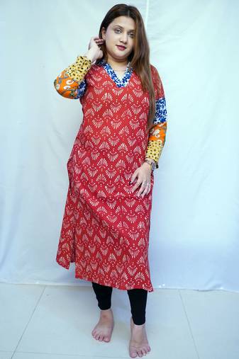 Cotton Red Dabu Handblock Printed Long Kurti for Women