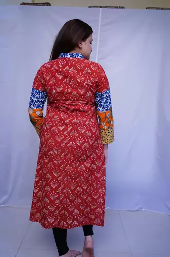 Cotton Red Dabu Handblock Printed Long Kurti for Women
