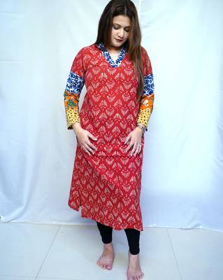 Cotton Red Dabu Handblock Printed Long Kurti for Women 3