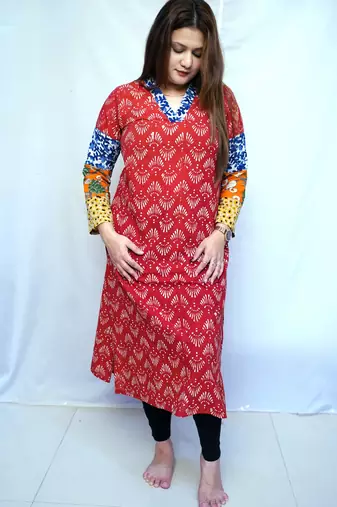 Cotton Red Dabu Handblock Printed Long Kurti for Women