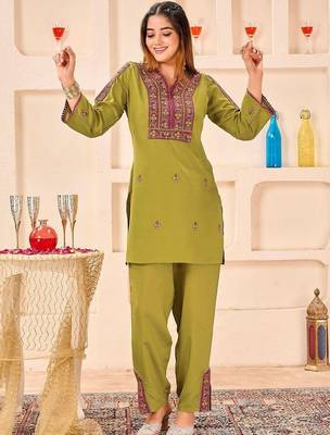 Embroidery Lace Mustard Yellow Rayon Co Ords for Women 1