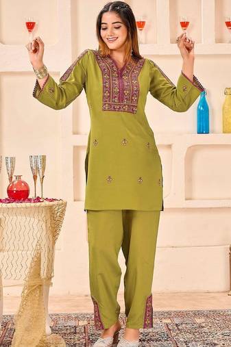 Embroidery Lace Mustard Yellow Rayon Co Ords for Women