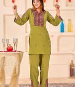 Embroidery Lace Mustard Yellow Rayon Co Ords for Women