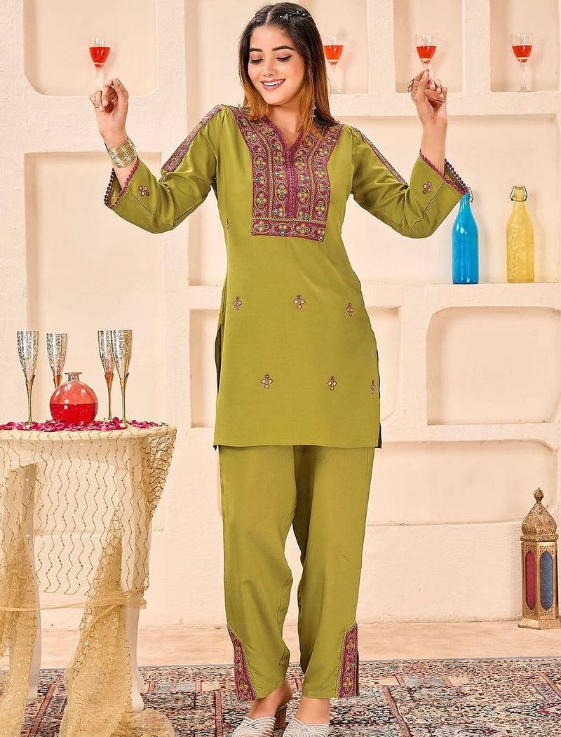 Embroidery Lace Mustard Yellow Rayon Co Ords for Women