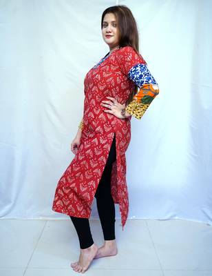 Cotton Red Dabu Handblock Printed Long Kurti for Women 4