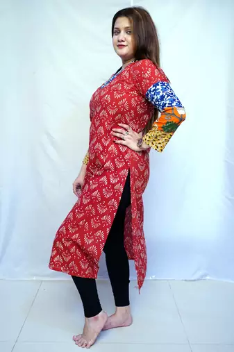 Cotton Red Dabu Handblock Printed Long Kurti for Women