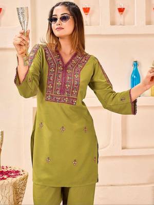 Embroidery Lace Mustard Yellow Rayon Co Ords for Women 2