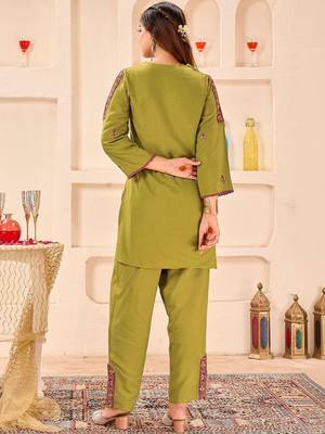 Embroidery Lace Mustard Yellow Rayon Co Ords for Women 3
