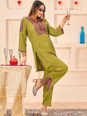 Embroidery Lace Mustard Yellow Rayon Co Ords for Women 5