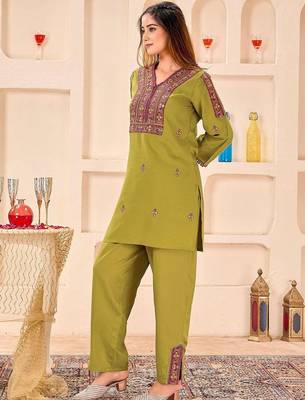 Embroidery Lace Mustard Yellow Rayon Co Ords for Women 6