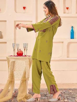Embroidery Lace Mustard Yellow Rayon Co Ords for Women 7