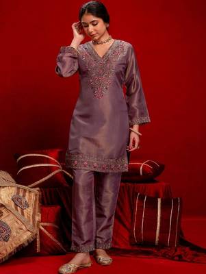 Embroidered Dusty Mauve Silk Blend Co Ords for Women 1