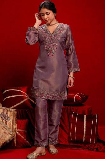 Embroidered Dusty Mauve Silk Blend Co Ords for Women